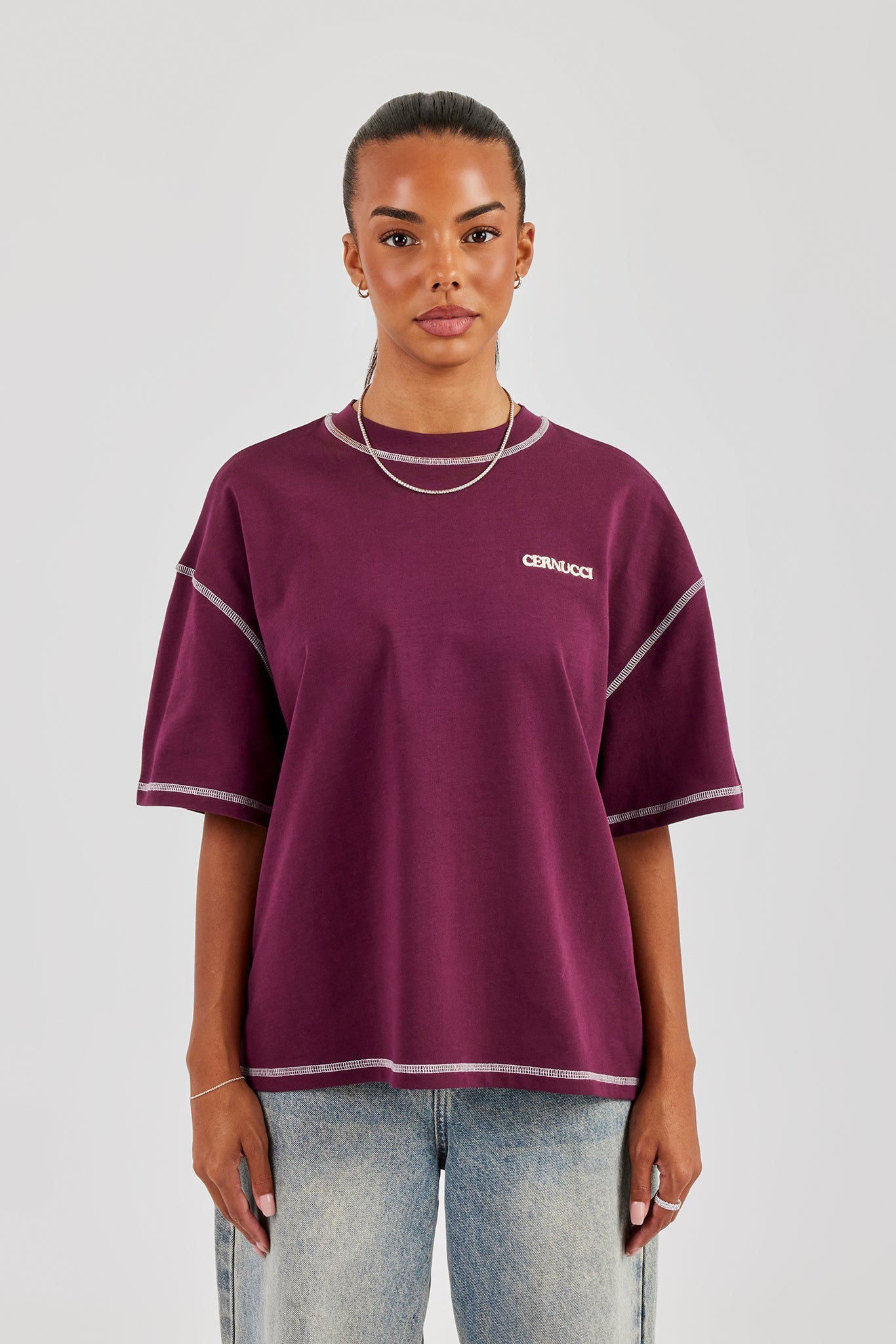 Alpes Contrast Stitch Oversized T-Shirt - Berry